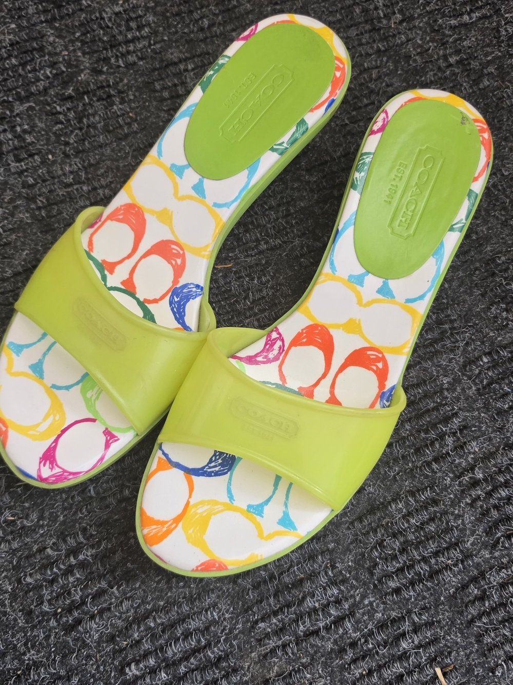 Coach Neon Lime Single-Band Slide Sandals with Colorful Printed Insole - Picture 1 of 2